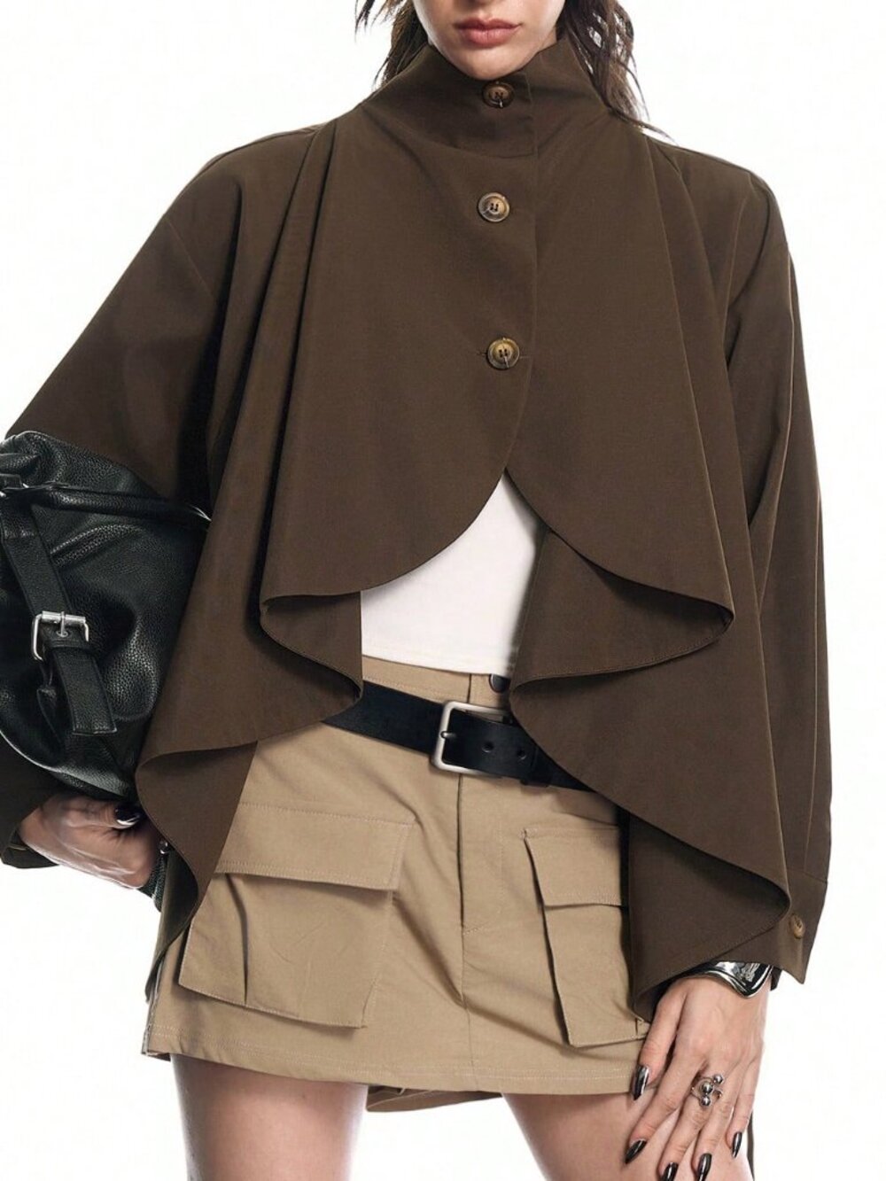 Brown Casual Women's Asymmetric Utility Trench Coat Cape